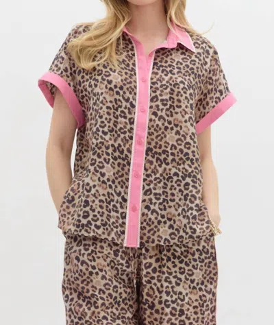 Entro Leopard Button Up Top In Brown In Animal Print