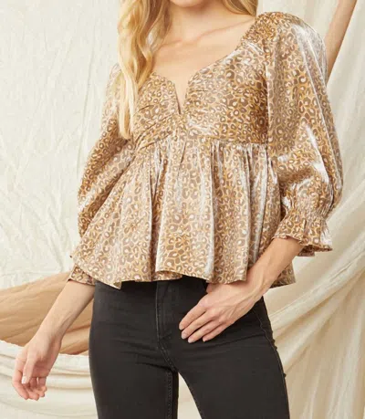 Entro Leopard Iridescent Babydoll Top In Camel In Gold