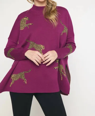 Entro Leopard Poncho Tunic Sweater In Plum In Pink