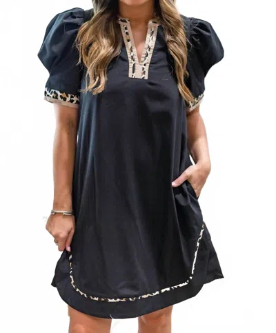 Entro Leopard Shift Dress In Black Animal Print Trim In Blue