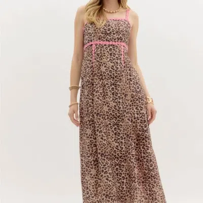Entro Leopard Sundress With Ric Rac Trim In Brown With Pink Trim
