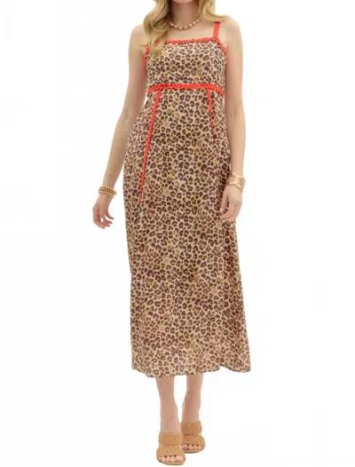 Entro Leopard Sundress With Ric Rac Trim In Brown With Red Trim In Gold