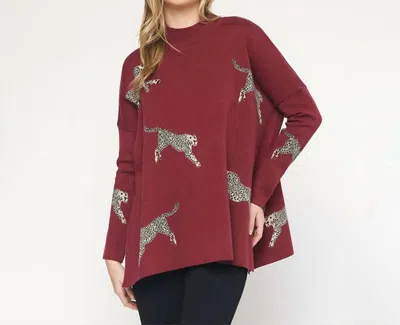 Entro Leopard Sweater Top In Burgundy In Red