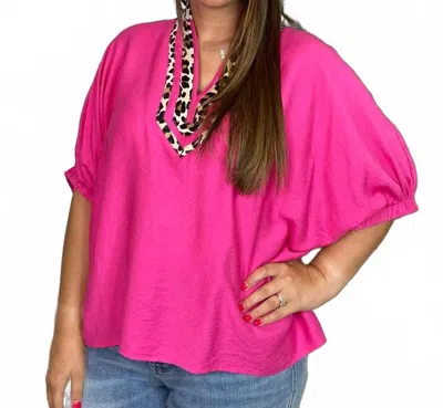 Entro Leopard Trim V Neck Blouse - Curvy In Hot Pink