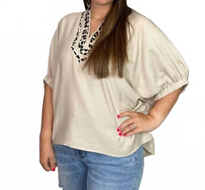 Entro Leopard Trim V Neck Blouse - Plus In Taupe In Neutral