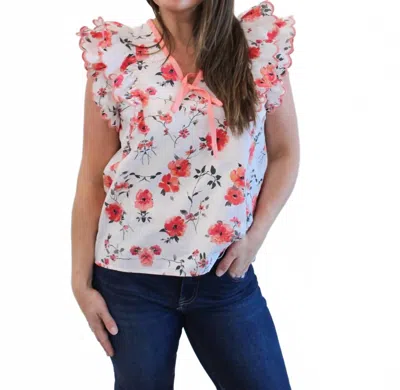 Entro Lesley Floral V-neck Ruffle Blouse In White