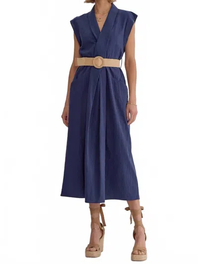 Entro Linen Style Belted Midi Dress In Navy In Blue
