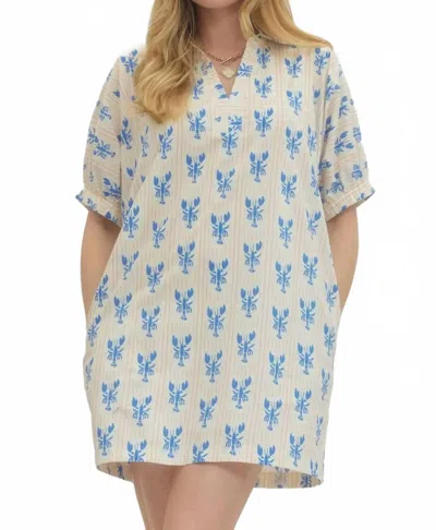 Entro Lobster Printed Puff Sleeve Mini Dress In Blue/ Ecru