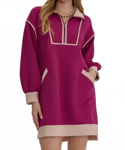 Entro Long Sleeve Collared Dress In Magenta In Purple