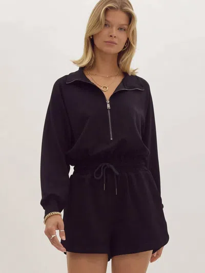 Entro Long Sleeve Collared Romper In Black