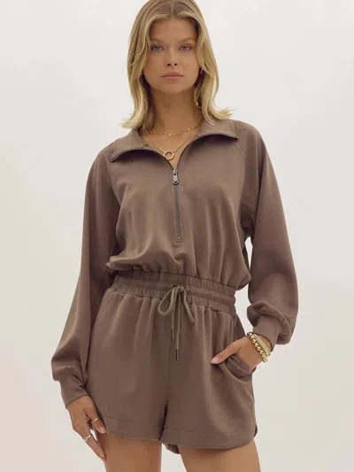 Entro Long Sleeve Collared Romper In Mocha In Brown