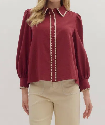 Entro Long Sleeve Collared Top In Burgundy In Red