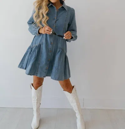 Entro Long Sleeve Denim Dress In Medium Wash