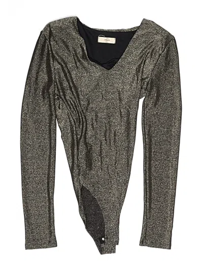 Pre-owned Entro Long Sleeve Top Gray Metallic Pattern Plunge Neckline Tops