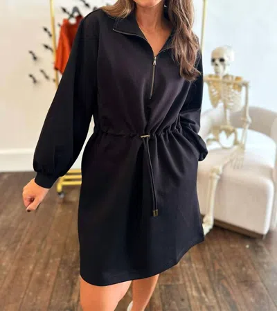Entro Long Sleeve With Drawstring Waist Mini Dress In Black In Blue