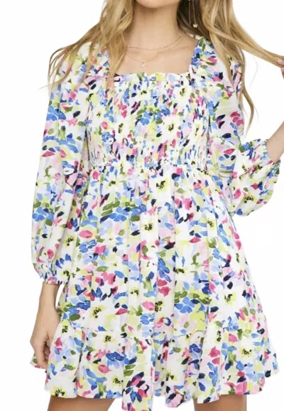 Entro Long Sleeved Print Dress In White Multi