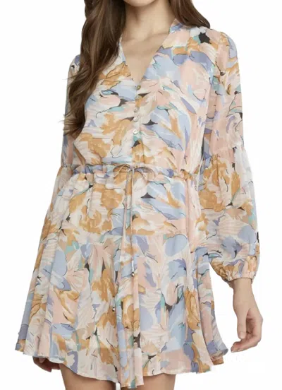Entro Long-sleeved Print Dress In Peach/blue In Multi