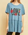 Entro Love Graphic Peplum Top In Blue
