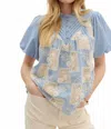 Entro Madeline Crochet Yoke Blouse In Blue In Blue