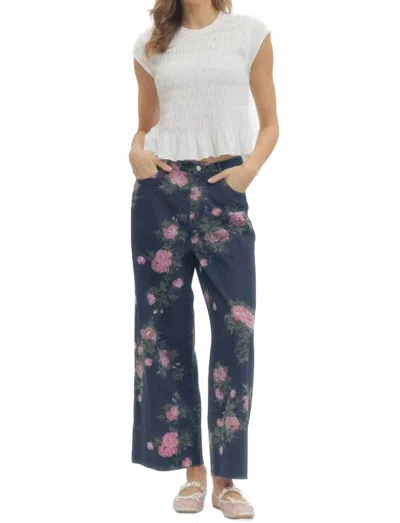 Entro Margaux Floral Print Denim Pants In Dark Indigo In Blue