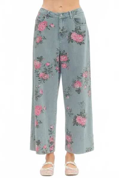 Entro Margaux Floral Print Denim Pants In Medium Wash In Blue