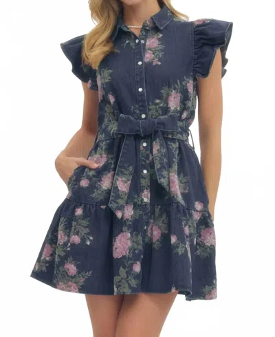Entro Melissa Floral Print Ruffle Sleeve Mini Dress In Dark Indigo In Blue