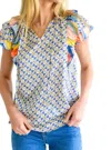 Entro Merry Go Round Flutter Sleeve Top In Blue Mix In Multi