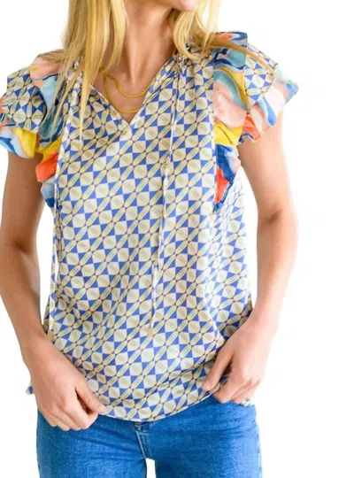 Entro Merry Go Round Flutter Sleeve Top In Blue Mix In Multi