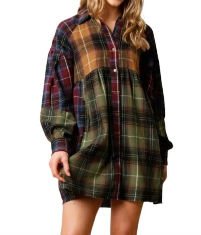 Entro Mixed Checkered Dress In Olive Multi In Green