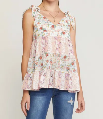 Entro Mixed Floral Print Tiered Top In Blush In Multi