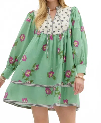 Entro Mixed Print Bishop Sleeve Mini Dress In Pistachio In Green