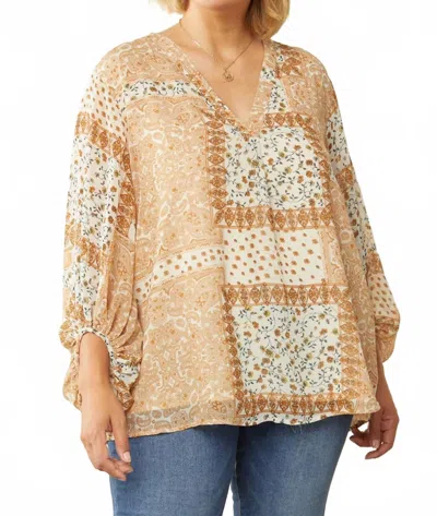 Entro Mixed Print Bubble Sleeve Blouse - Plus In Beige In Brown