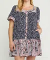 Entro Mixed Print Square Neck Dress - Plus In Navy In Black
