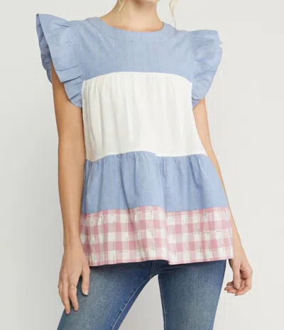 Entro Mixed Print Tiered Top In Blue