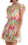 ENTRO MOCK NECK SMOCKED FLORAL MINI DRESS IN MULTI COLOR