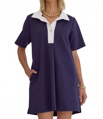 Entro Modern Flair Collar Dress In Navy And White In Purple