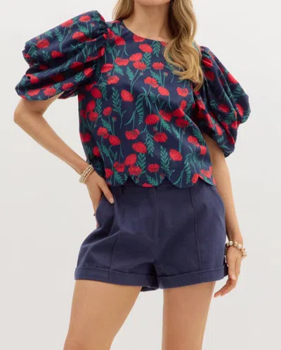 Entro Molly Floral Puff Sleeve Blouse In Navy In Blue