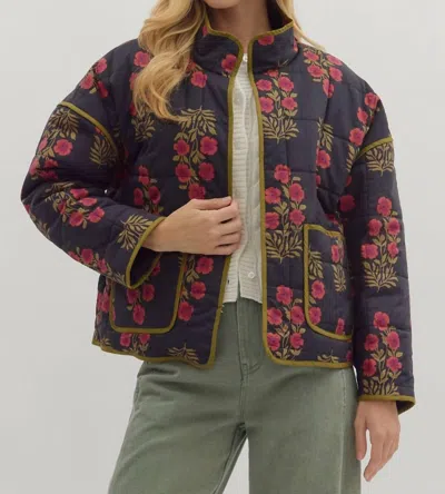 Entro Napa Nights Floral Quilted Jacket In Black In Blue