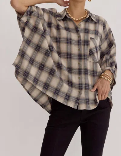 Entro Oversized Plaid Button Down Shirt In Taupe