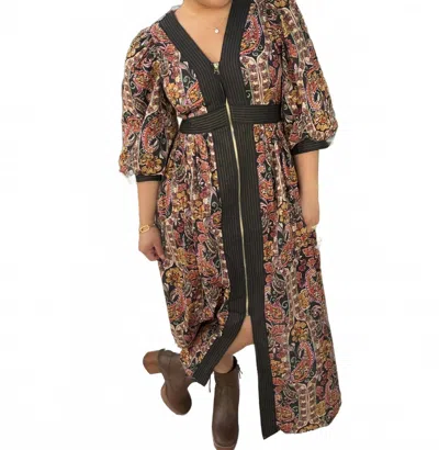 Entro Paisley Zip Front Midi Dress In Black & Jewel Tone In Brown