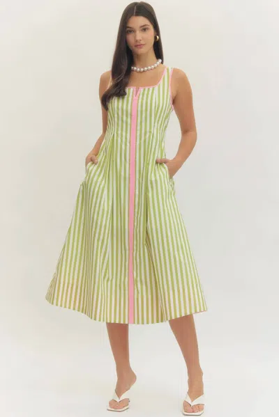 Entro Palm Beach Midi Dress In Green Stripe In Multi