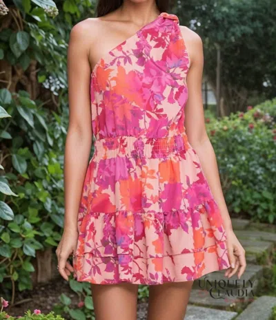 Entro Paola One Shoulder Mini Floral Dress In Peach In Pink