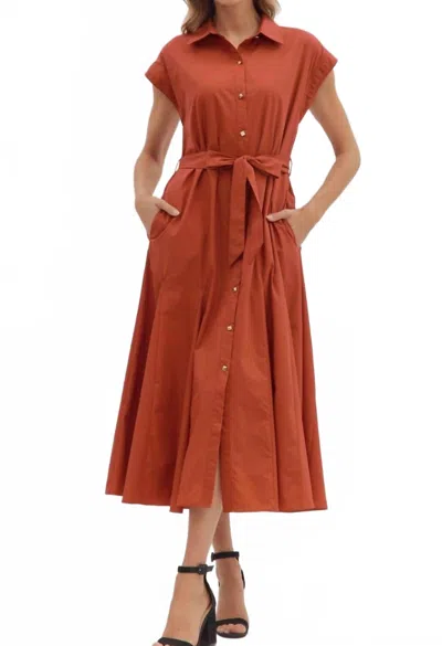 Entro Paula Button Down Midi Dres In Brick In Red