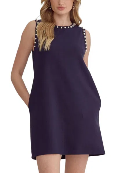 Entro Pearl Embellishment Shift Dress In Navy In Blue