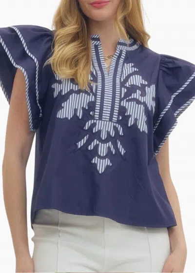 Entro Penelope Flutter Sleeve Top In Navy In Blue