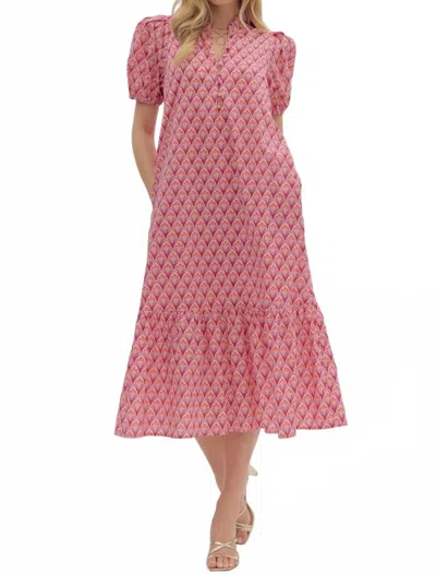 Entro Petal Poise Puff Sleeve Ruffle Hem Midi Dress In Pink