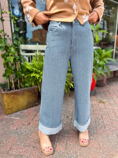 Entro Pinstripe Wide Cuff Pants In Denim In Blue