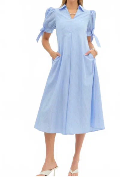 Entro Pinstriped Puff Sleeve Midi Dress In Baby Blue