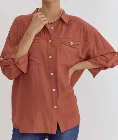 Entro Pintuck Button Up Top In Brown