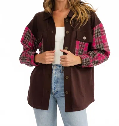 Entro Plaid Detail Shacket In Brown/ Pink In Burgundy